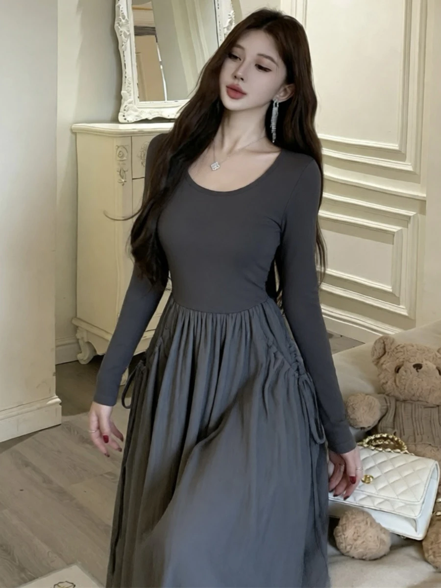 Autumn Winter Fashion Long Sleeve Drawstring Pocket Waist Cinched Loose Fit Dress High Waist Polyester Fiber Casual Dress