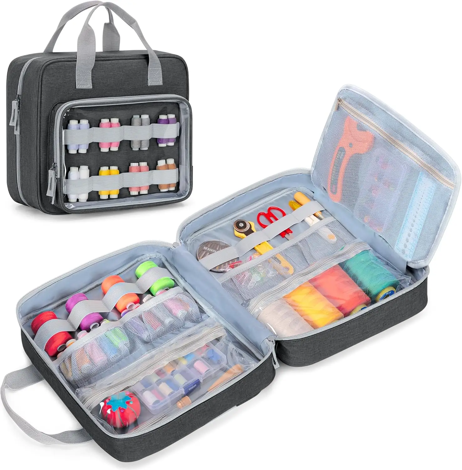 

Sewing Storage Organizer with Folio Open Design, Versatile Pockets for Sewing Kits in Gray