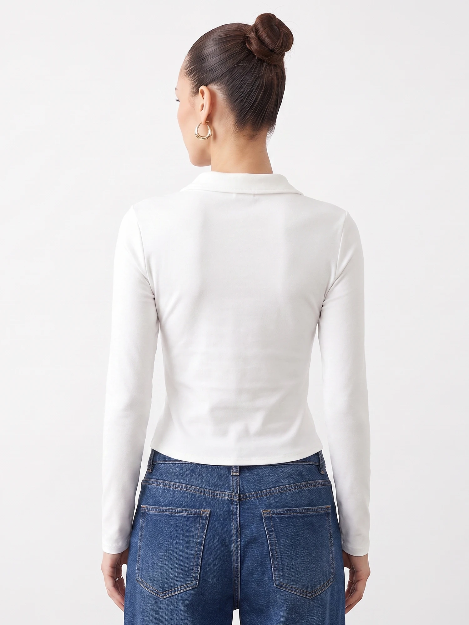 Women Long Sleeve Tops Elegant Solid Color Lapel V Neck Half Button Blouse