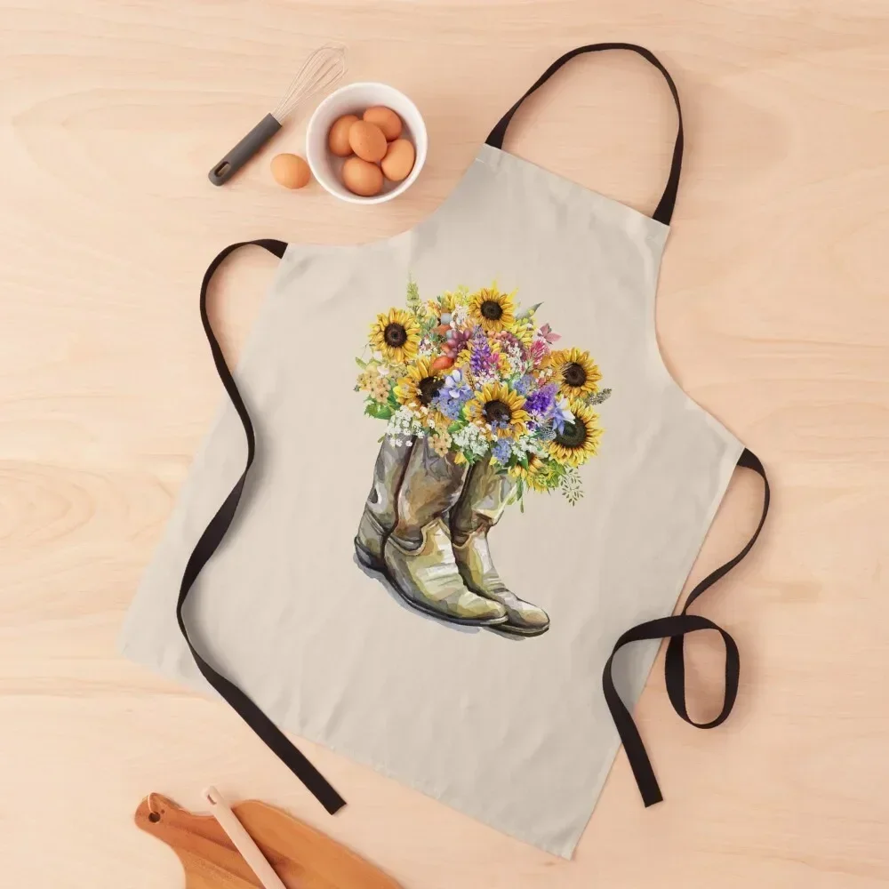 Cowboy Boots Cowgirl Boots Sunflowers Apron Chef Accessory For Women Kitchen Cooking Clothes Apron