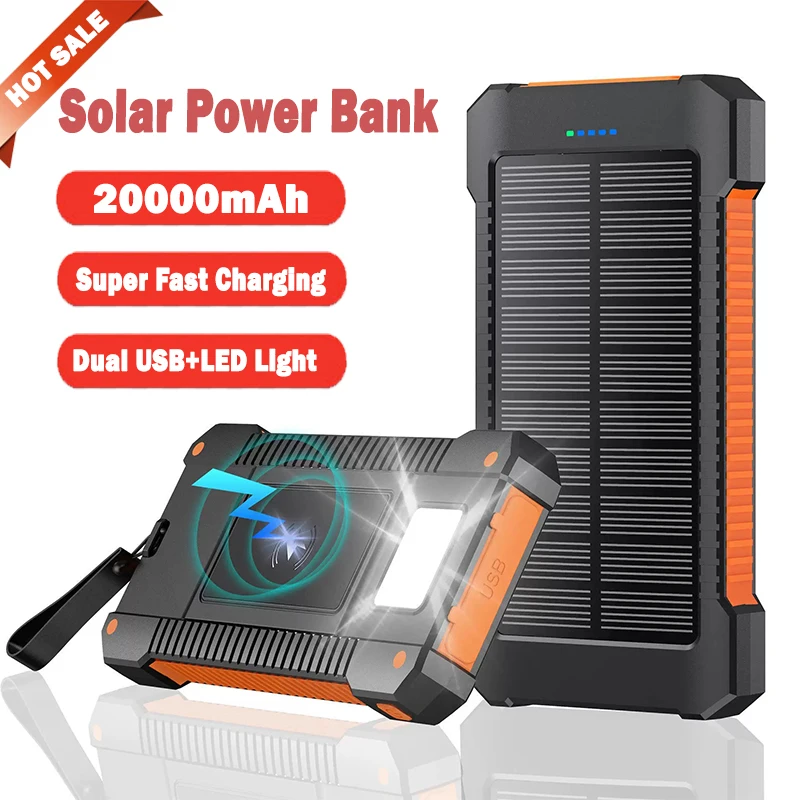 New 20000mAh Top Solar Power Bank Waterproof Emergency Charger External Battery with SOS Flashlight Poverbank for Xiaomi Samsung