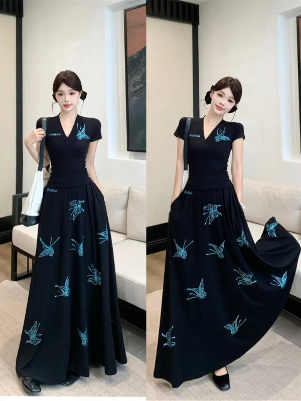 

plus Size Fashion Set V-neck Short Sleeve Mid-length Skirt Two-piece Korean Style Loose Fit Summer Casual Outfit