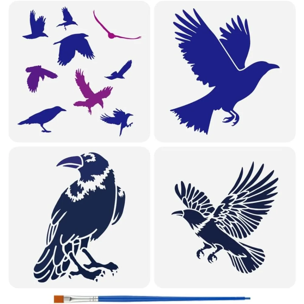 

4PCS Flying Crow Stencil for Painting 11.8x11.8inch Black Birds Template with Paint Brush Reusable Flying Raven Painting Stencil