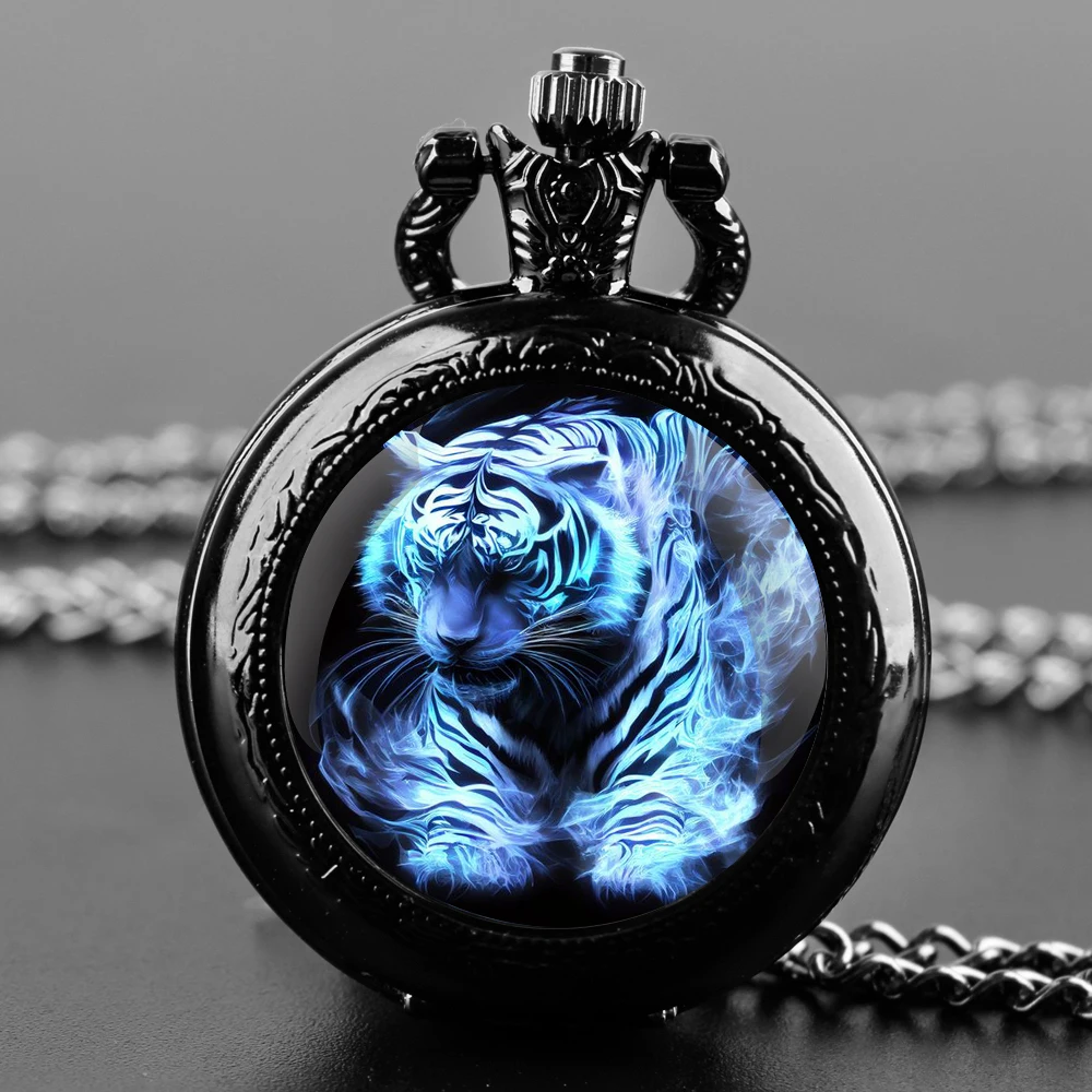 Tiger Design Glass Dome Quartz Pocket Watch With Durable Chain Arabic Numeral Dial For Men And Women Creative Gifts