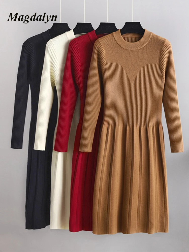 Magdalyn Women Knitted Sweater Dress Fashion Winter Autumn O Neck Long Sleeves Warm Korean Vestidos Knitting Pullovers Dresses