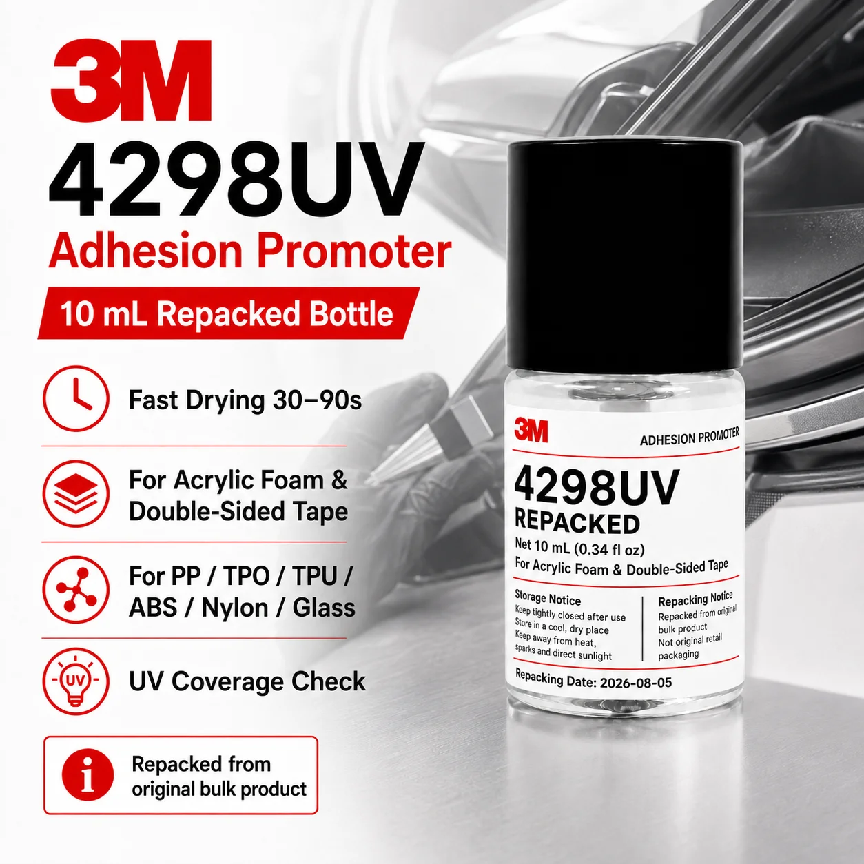 3M 4298UV Haftvermittler-Primer für die Verklebung von doppelseitigem Acrylschaumklebeband, PP, TPO, EPDM, ABS-Kunststoffen in der Automobilindustrie, 10 ml
