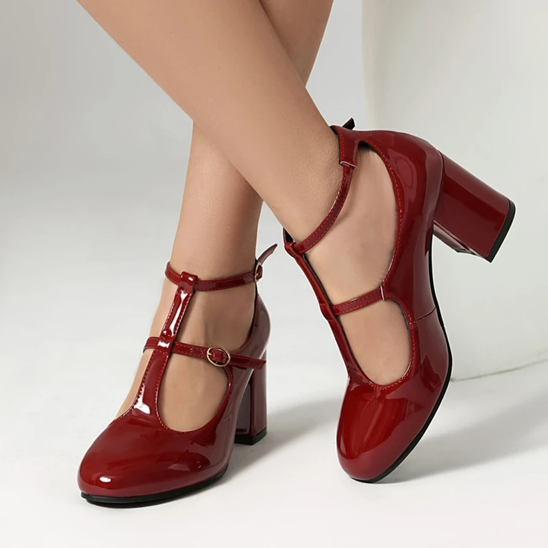 SIMLOVEYO 2027 Female Pumps Round Toe Thick Heels 7cm T Strap Buckle Strap Extended Size 41 42 43 US12 Sweet Shoes Green Red