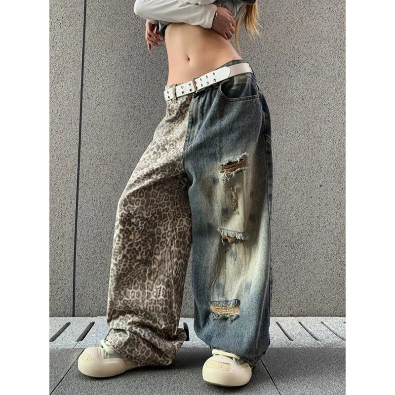 ZHIZOU Baggy-Jeans für Damen, Y2k, japanisch, amerikanisch, Retro, zerrissen, Leopardenmuster, Denim-Hose, Grunge, Harajuku, Hip-Pop, Cowboy, breite Passform
