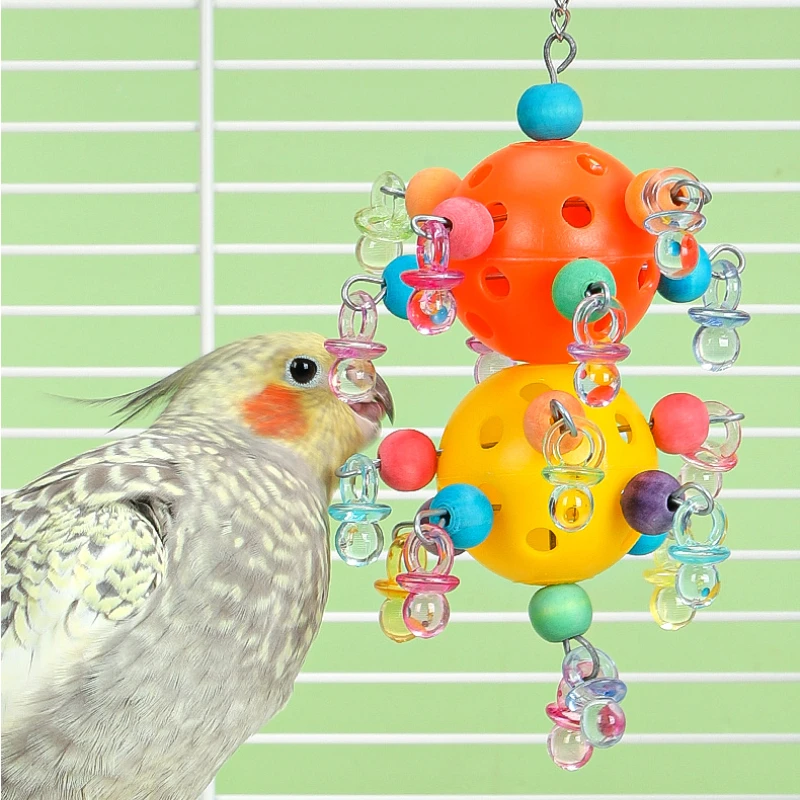 Jaula columpio para masticar loros, juguete colgante para pájaros cacatúa con agujeros de forrajeo, cuentas colgantes, jaula para pájaros, decoración, juguete para morder pájaros, 1 ud.