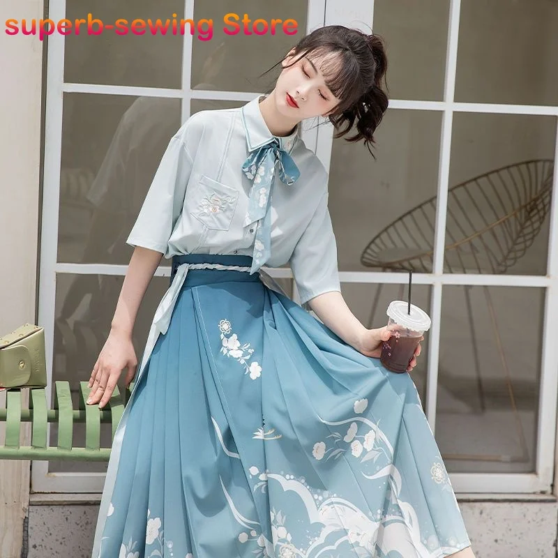 

2pcs/1set Chinese Hanfu Shirt Print Loose Modern Style Chinese Dress Women Modern Jk Elegant Set Horse Face Dress Spring