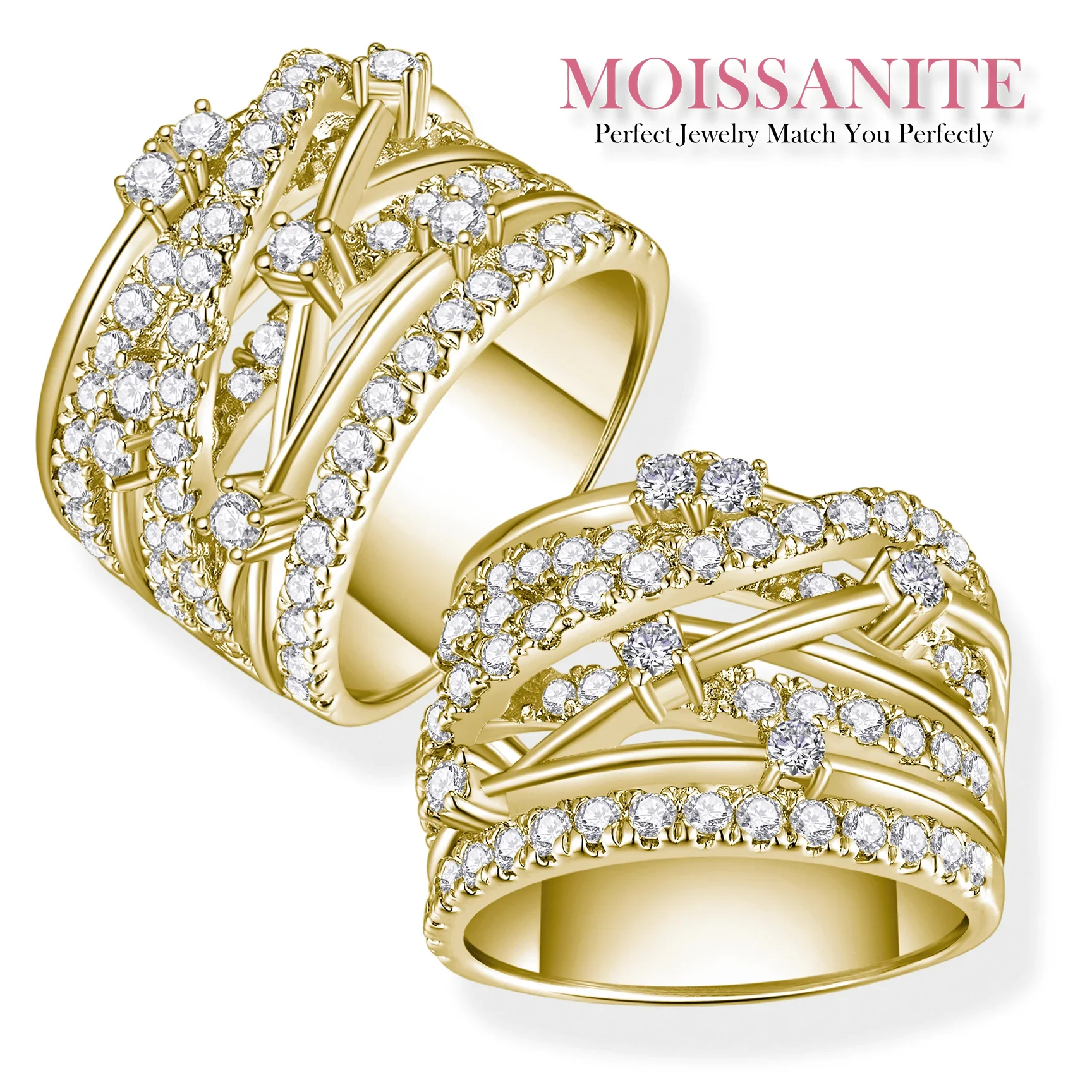 

1.44ctw Elegant Crisscross Moissanite Ring in Gold Finish - Multi-Row Design with Sparkling Stones for a Bold Statement Look