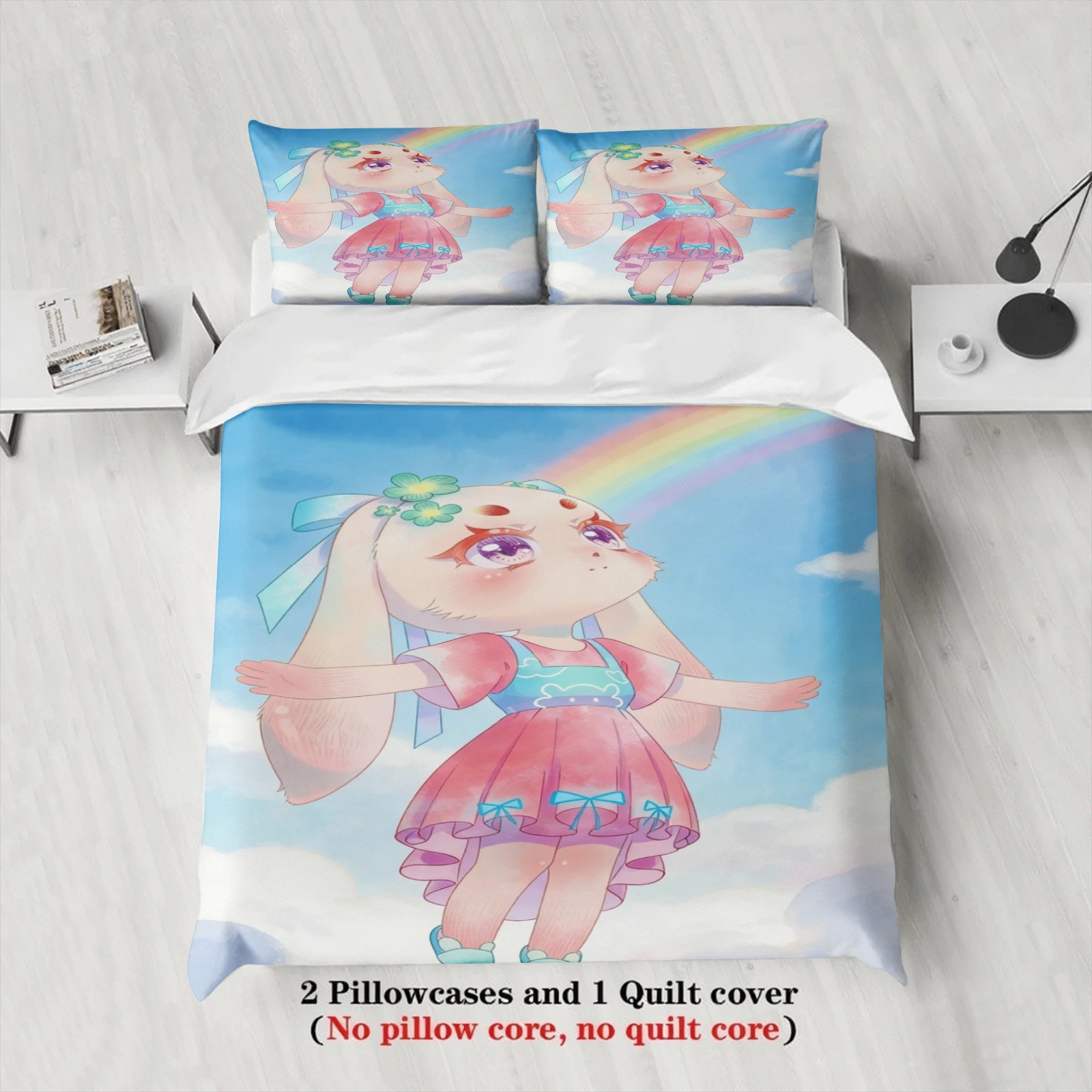Softville Cozy Town 3PCS Bedding Sets Lop Rabbit Rainbow Cloud Printed Duvet Cover No filling Cartoon Style Queen King Size