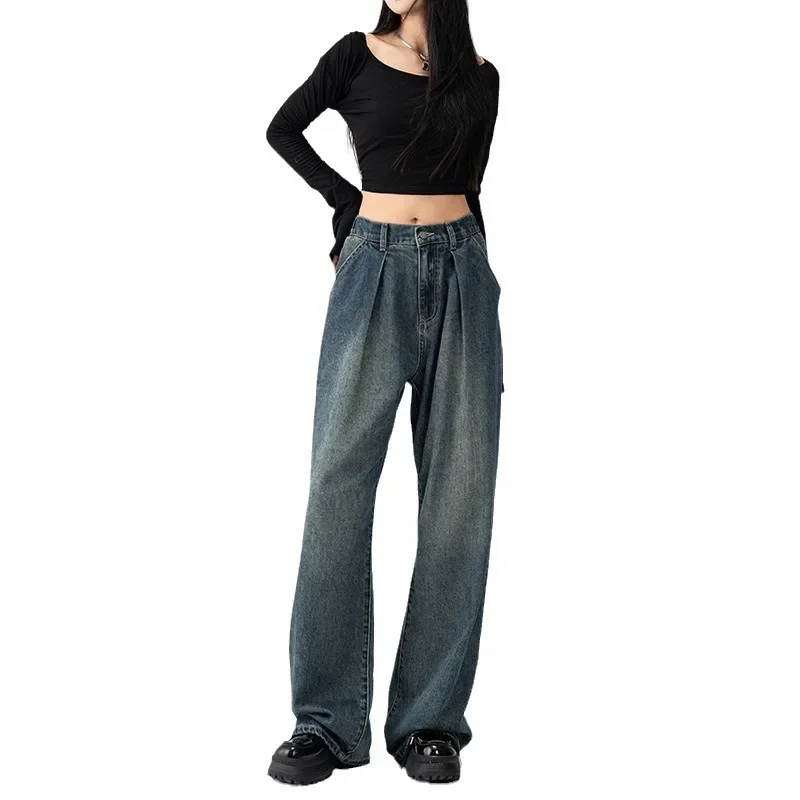 2024 New Vintage Jeans Women's High-waist Straight-leg Bell Bottoms Spring Autumn Season Hong Kong Style Dragged Leg Denim Pants