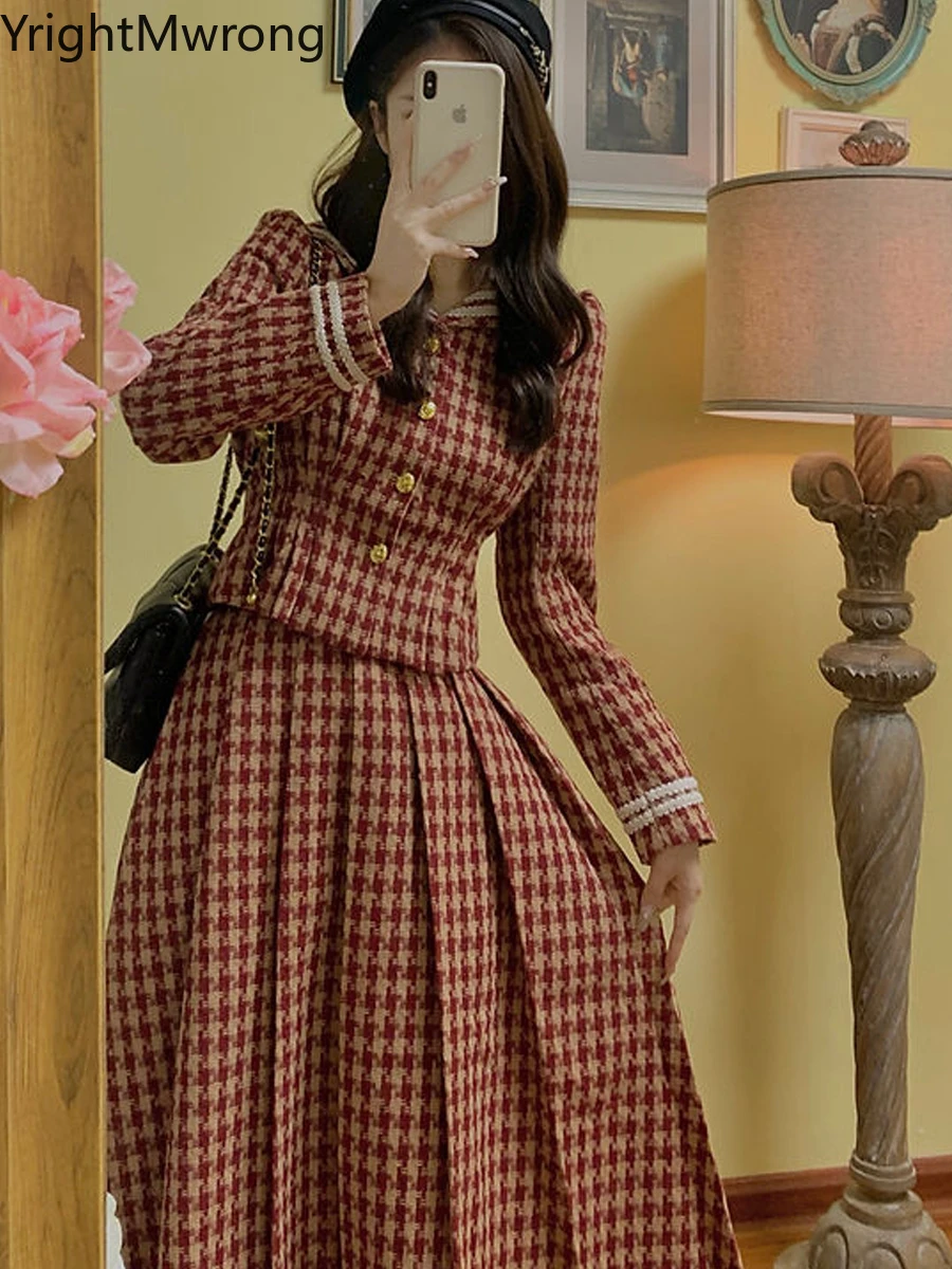 Two Piece Set 2Pcs Women`s Suit Cute Lattice Thin Wool Twill Tweed Plaid Slim Outfit Long Sleeve Top Midi Long Skirt Korean y2k