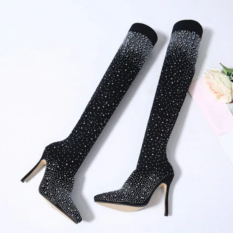 Sexy Over-the-Knee Boots for Women Stretch Female Sock Boots Rhinestone Female High Heels Luxury Ladies Shoes Long Botas Mujer