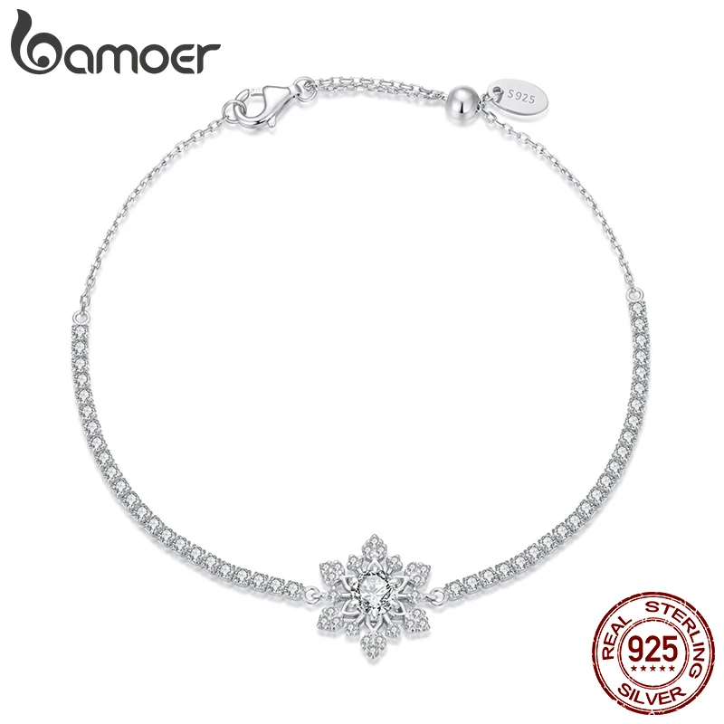 Bamoer 925 Sterling Silver Ice Flower Paved CZ Bracelet Charm Bracelet Adjusable Link Chain for Women Teens Winter Wrist Decor