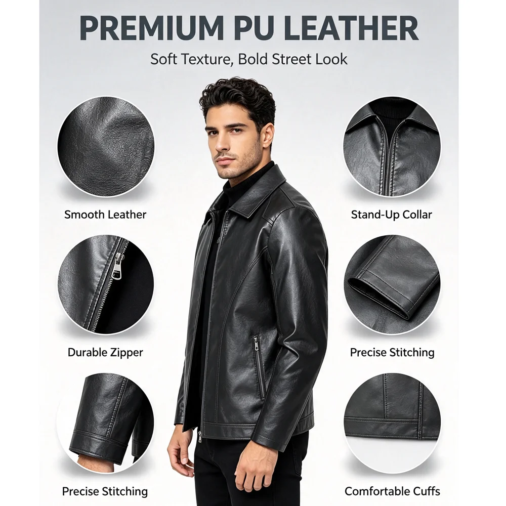 Spring Autumn Men's Lapel PU Faux Leather Fashion Man Streetwear Motorcycle Biker Zipper Coats Men Windbreaker Leather Blazer