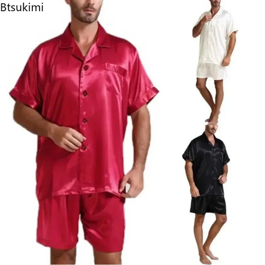 2024 Men's Summer Pajamas Sets Comfortable Satin Silk Short Sleeve Homewear Two Piece Sets Tops+Shorts Male Solid Sleepwear Suit