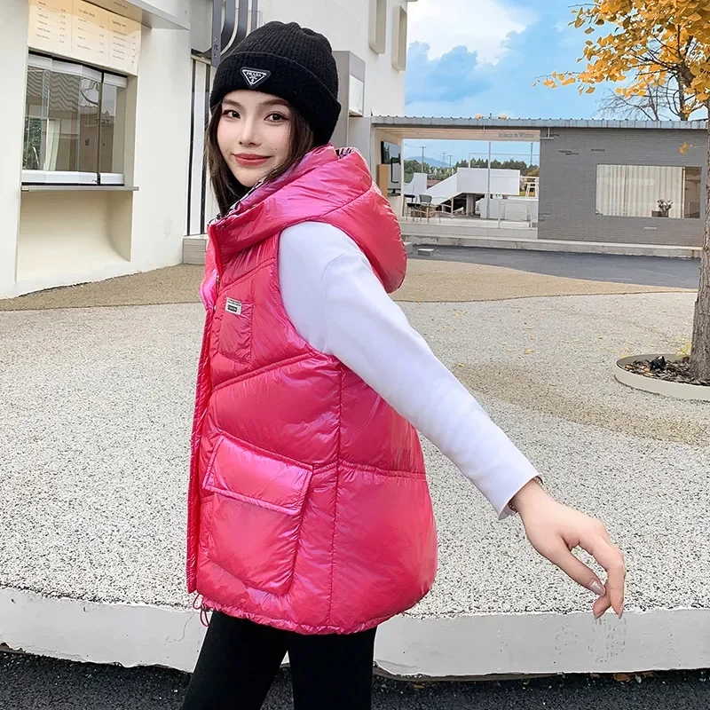 2023 New Puffer Vest Women Sleeveless Winter Warm Puffer Lightweight Hooded Cotton With Pocket  Waistcoat Jacket Outerwear