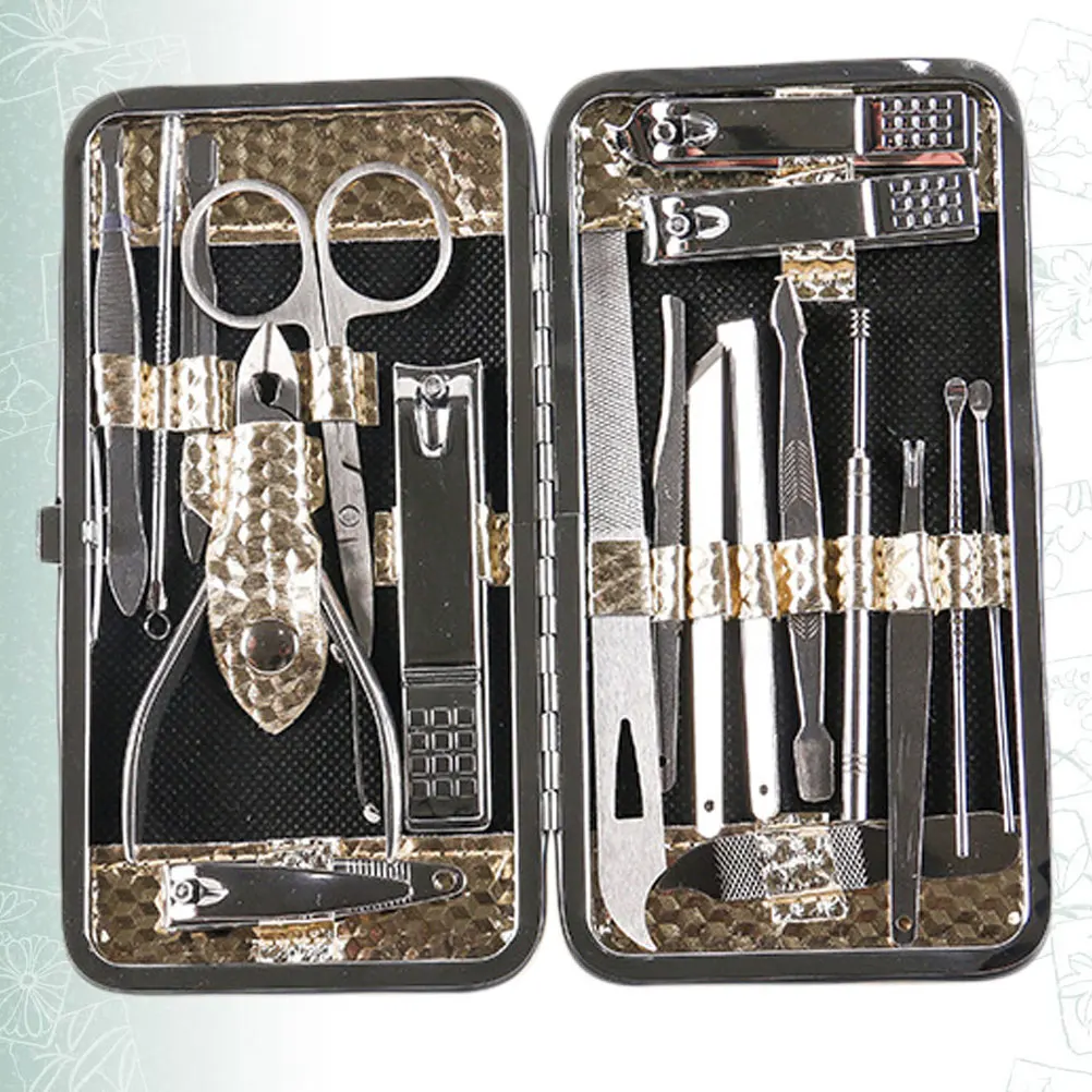 Conjunto de cortador de unhas profissional, 19 peças, aço inoxidável, ferramentas de manicure, leve, cabo longo, essencial, kit de aliciamento de unhas para casa