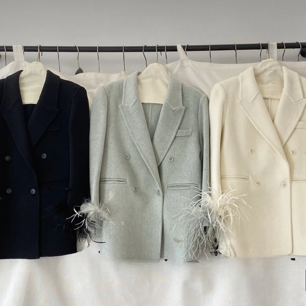 OFTBUY Women's 100% Wool Blazer Feather Cuff Double Breasted Suit Jacket Elegant Winter Warm Coat Casual Office Lady Outerwear
