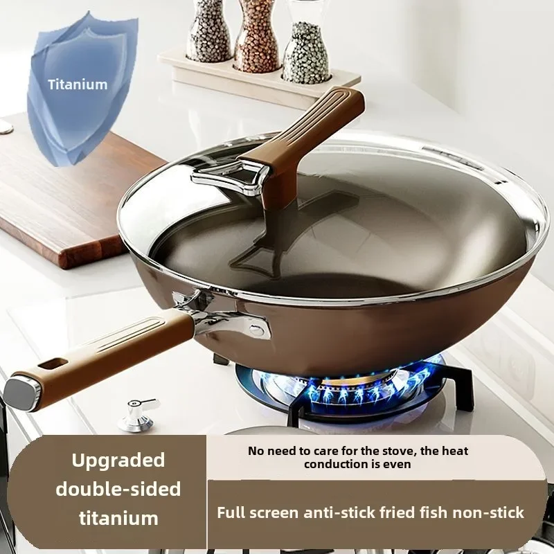 Double-sided titanium pan non-stick household frying pan stainless steel frying pan induction cooker gas stove universal