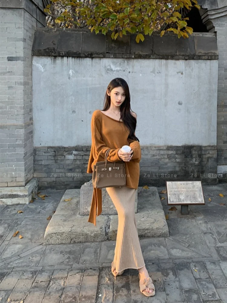 Knitted Two-piece Set: Autumn/winter Chic - Asymmetrical Top + High-waisted Mermaid Skirt
