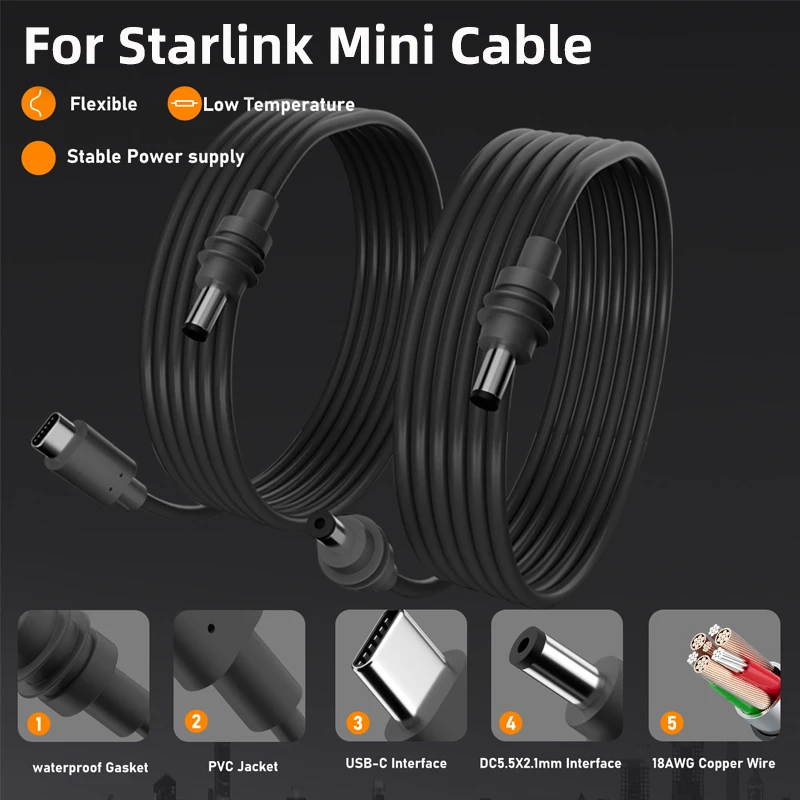 USB C to DC Cable 5.5X2.1mm to DC Fast Charging Power Cable Outdoor Waterproof Cord for Starlink Cable 2M(6.6ft) Mini Power Wire