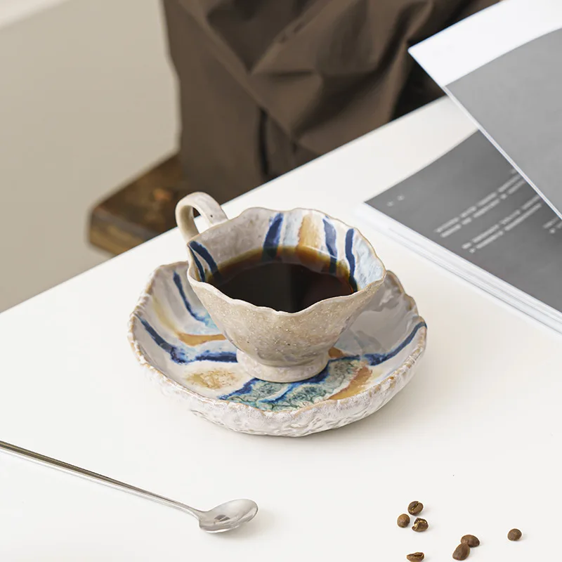 Retro European Style Coffee Cup and Saucer Set Irregular Glazed Edge Ceramic Mugs for Barista Latte Art Gift