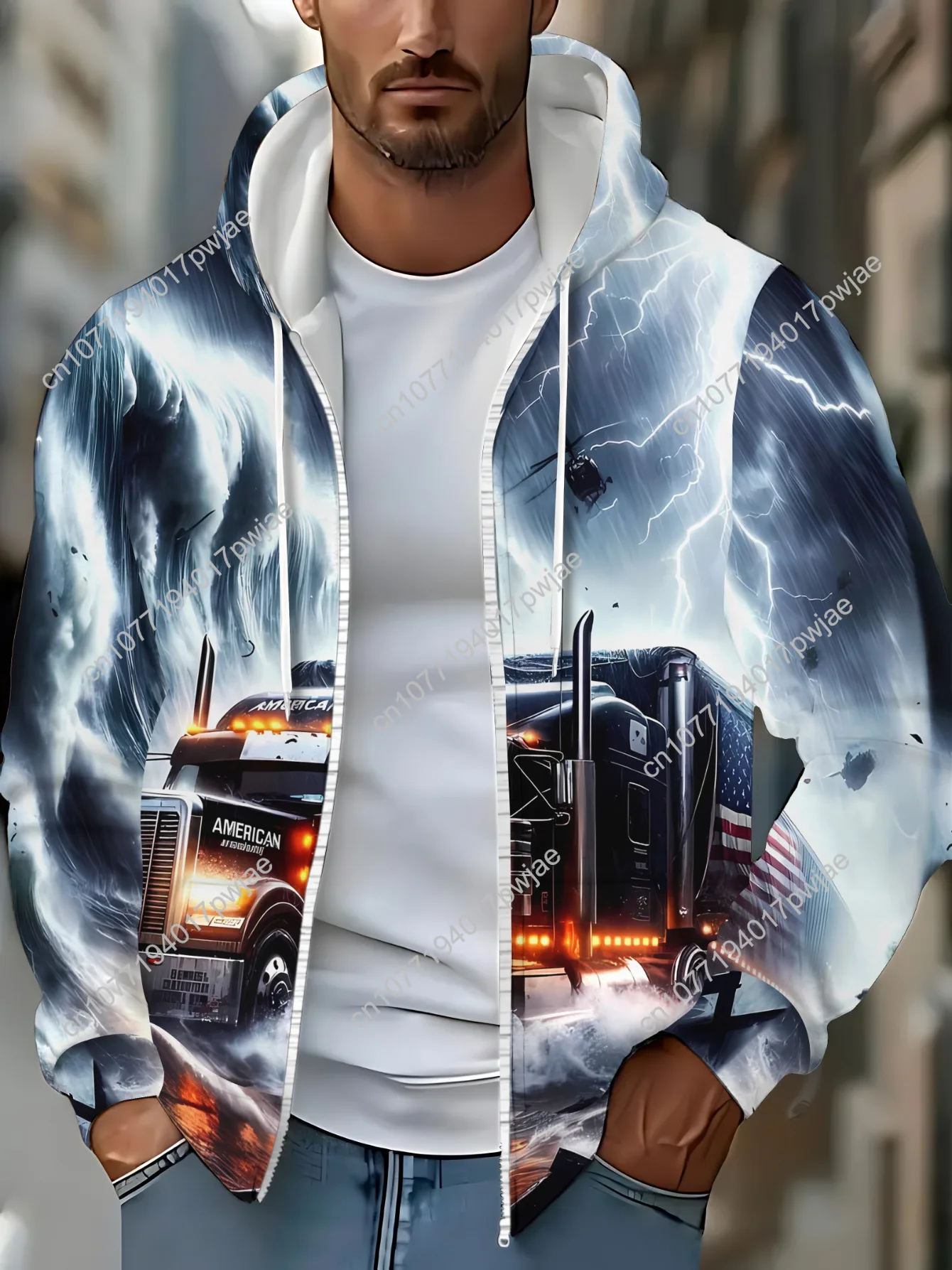 Moletom masculino com capuz gráfico Lightning Truck – poliéster durável, design preto e branco, jaqueta com zíper de ajuste confortável para roupas casuais e esportivas