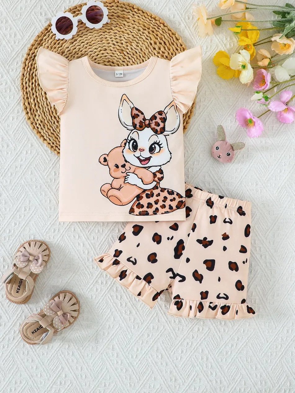 Mädchen-Outfit, 2-teilig, mit Cartoon-Kaninchenmuster, Rüschenärmeln, Leopardenmuster-Shorts, für Kinder, ideal für Sommer, Strand, Alltag, Freizeitkleidung, Set ZYD47. – Detail 3