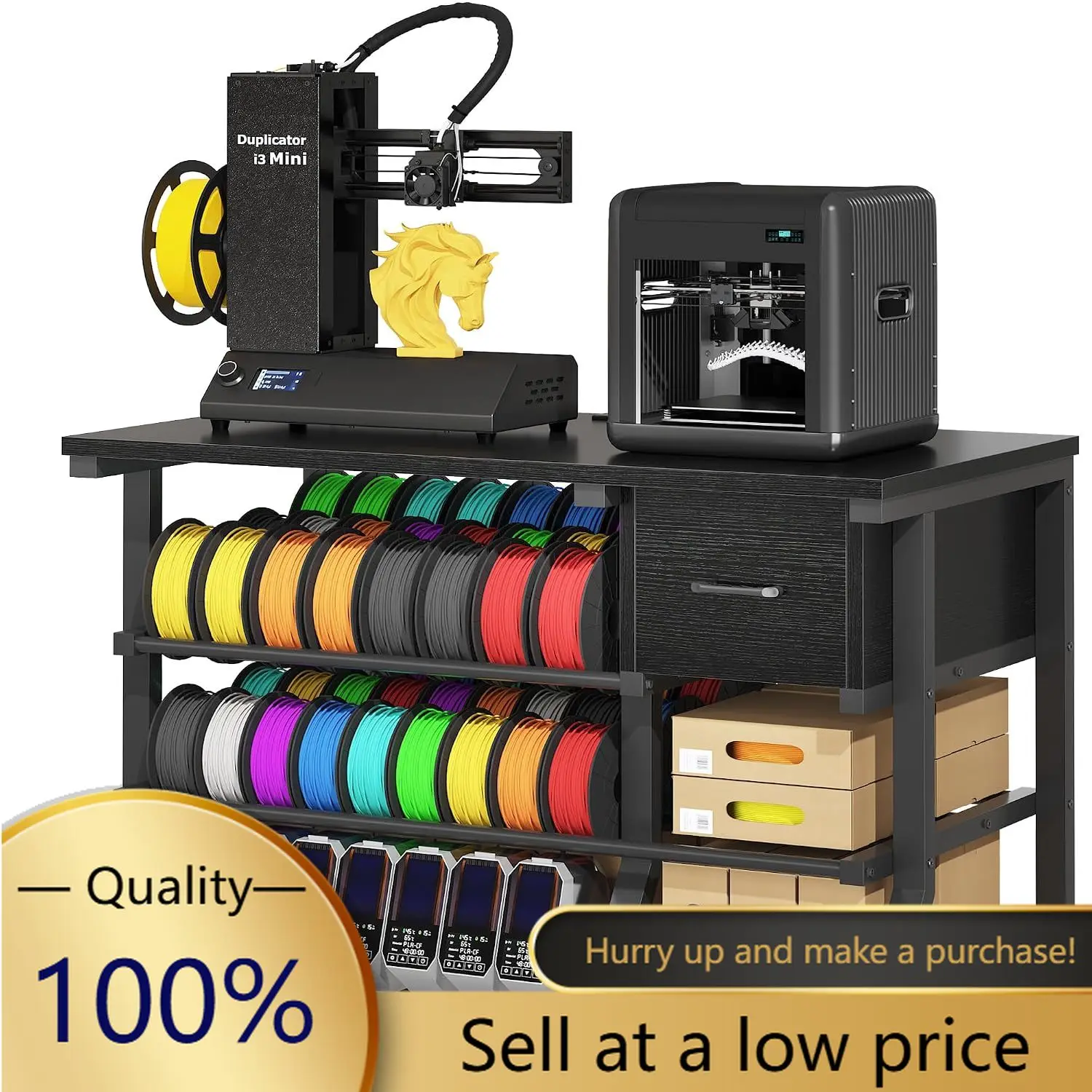 3D Printer Workstation with Power Outlet & Filament Storage, Heavy Duty 4-Tier 3D Printer Stand with Drawer, X-Bracket Stability