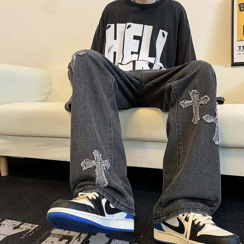 

Men's American Washed Cross Embroidered Jeans Casual Loose Denim Pants