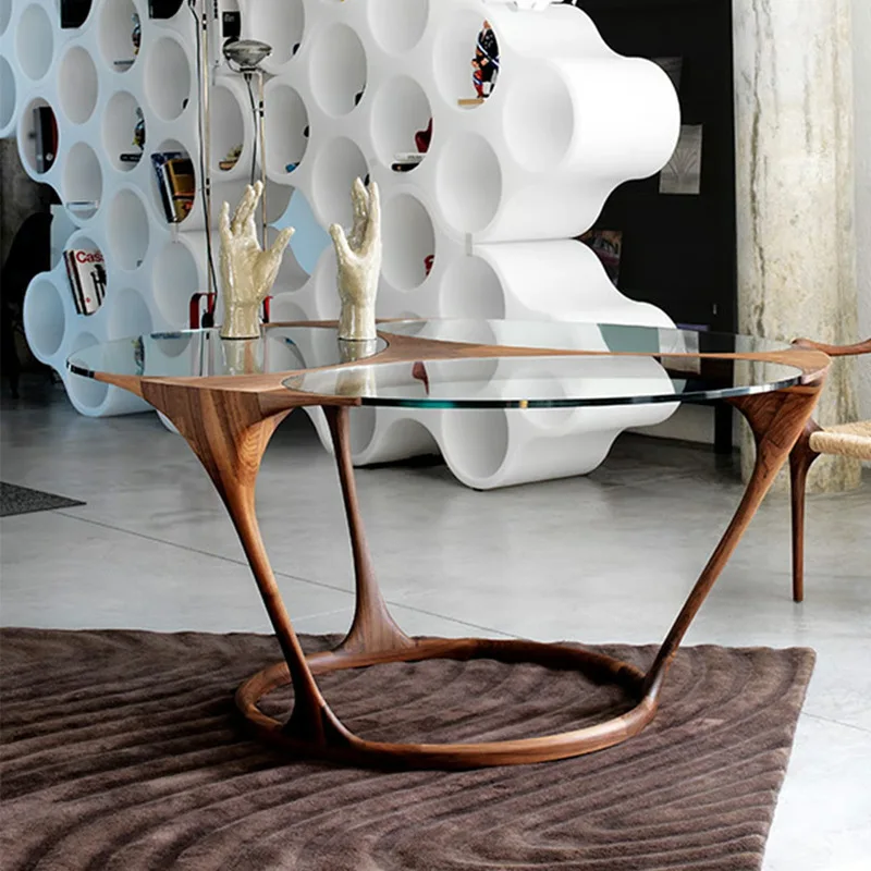 Retro round dining table, new Chinese solid wood creative tempered glass