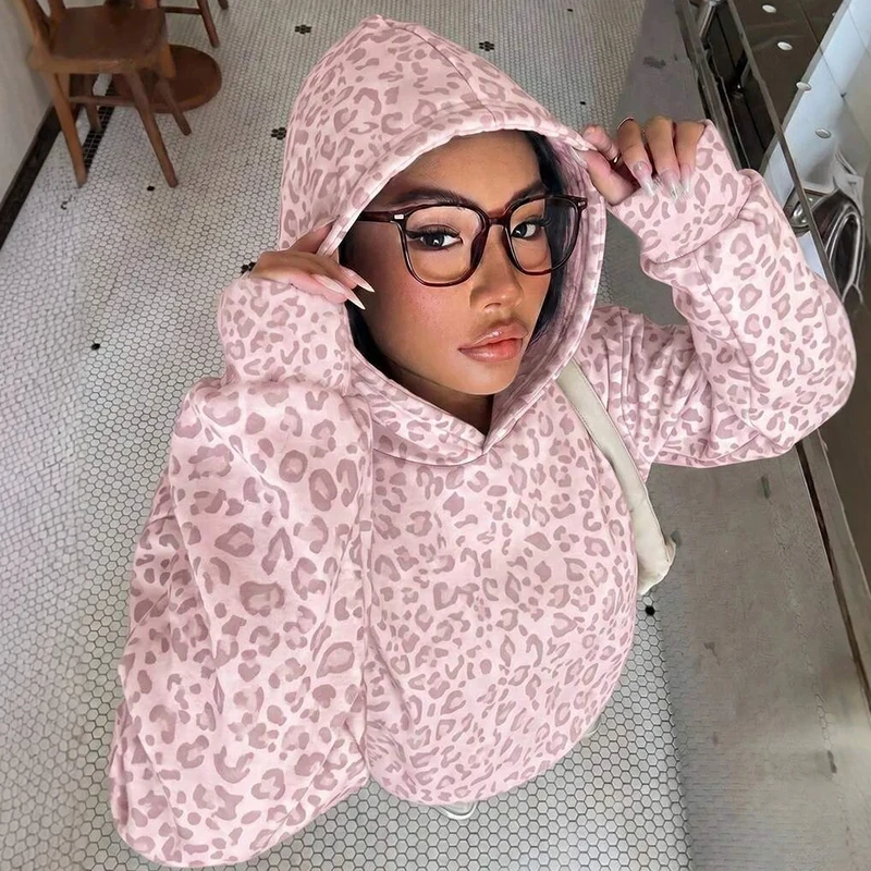 Elegant Long Sleeve Loose Women's Sweatshirts Autumn Winter New Commute Sportwear Tops Vintage Leopard Printed Hoodies Pullovers