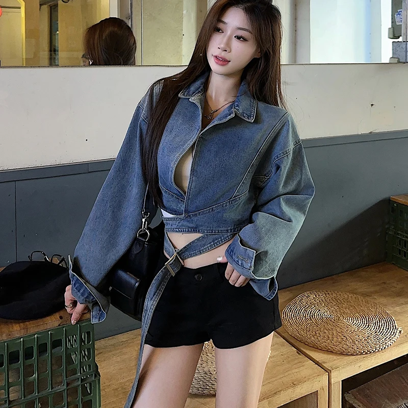 Vintage Turn-Down Collar Criss-Cross Jeans Jacket Coat Women Long Sleeve Denim Coat Cropped Tops