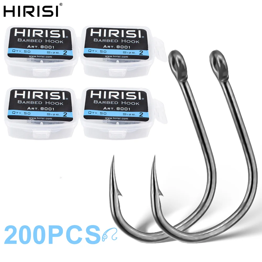Hirisi 200 Stück Edelstahl-Stachelhaken mit hohem Kohlenstoffgehalt, Karpfen-Angelhaken mit Einzelhandels-Originalverpackung 8001