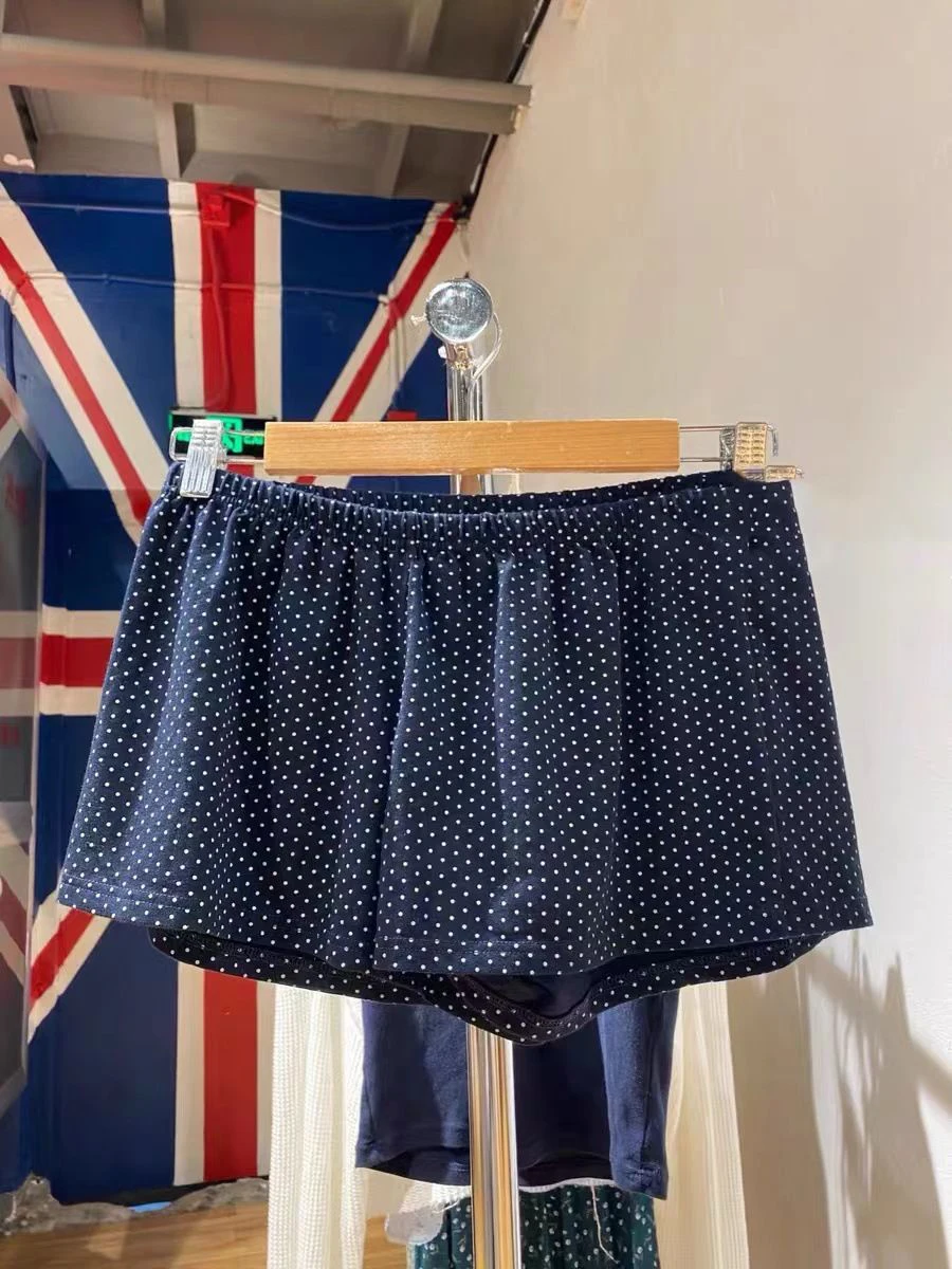 Dot Navy Shorts Summer Elastic High Waist Straight Short Pant Cotton Sweet Girl Home Underwear American Vintage Woman Pants