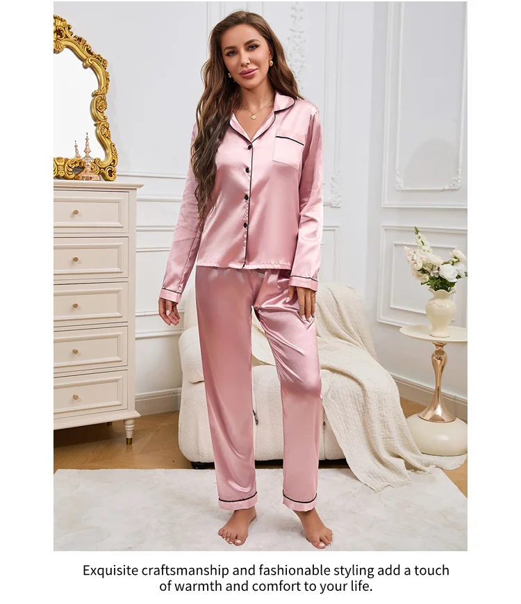 Damen-Pyjama-Set, Nachtwäsche, Anzug, Loungewear, Pyjama-Set, Satin, langärmelig, Oberteile mit Hosen, 2-teilig, Pyjama, Pyjama für Damen – Detail 6