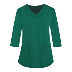 Vestido médico feminino cor sólida versátil com decote em v vestido clínico manga curta remendo bolso superior vestido de enfermeira cirúrgica feminina