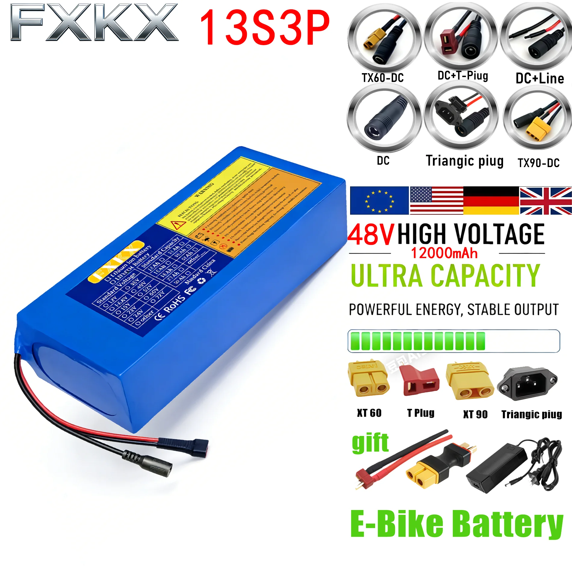 

Новый литиевый аккумулятор 48В 12Ач 18650 13S3P, 500-1000Вт, высокой мощности, для электромотоциклов и скутеров, с BMS.