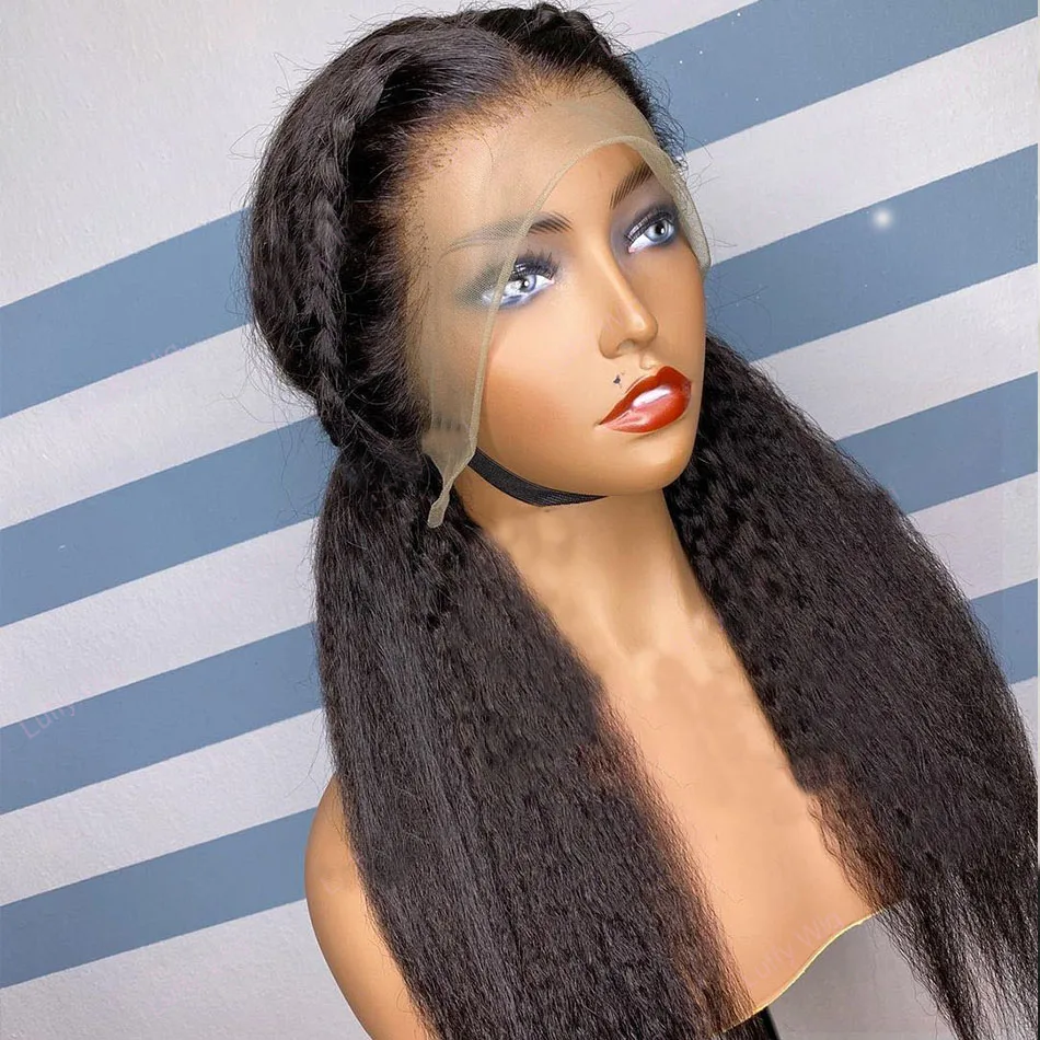 Natural Black Soft 28 inch 200% Density Long Yaki Kinky Straight Lace Front Wig For Women With Baby Hair Preplucked Glueless