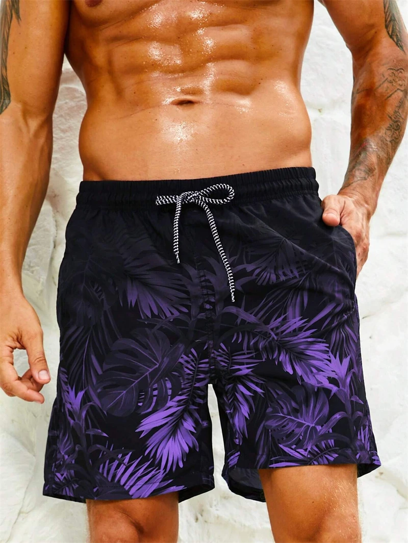Shorts Masculinos Estampados em 3D com Folhas de Palmeira, Tendência de Verão, Ideais para Praia, Atividades ao Ar Livre, Fitness Diário e Natação.