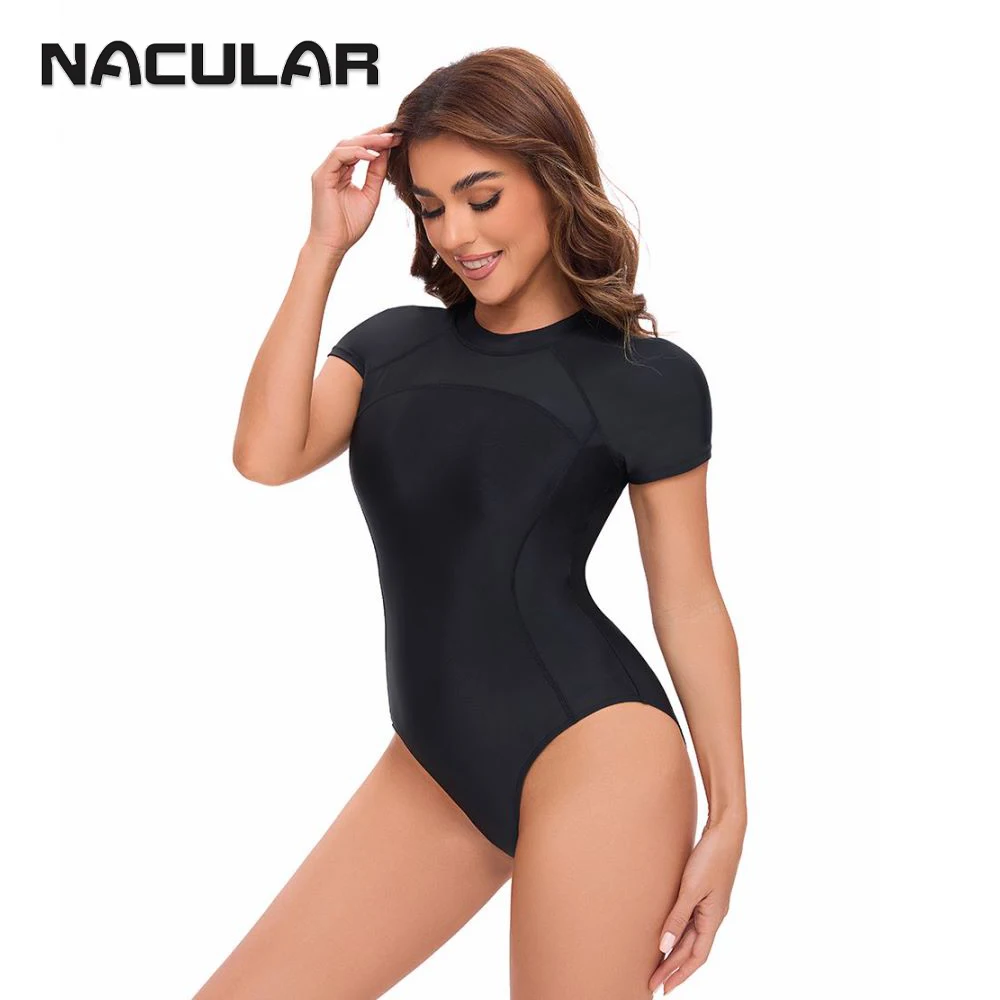 NACULAR One Piece Women Swimsuit Short Sleeve Swimwear Solid Plus Size Bathing Suit Push Up Female Zipper Black High Neck 2025