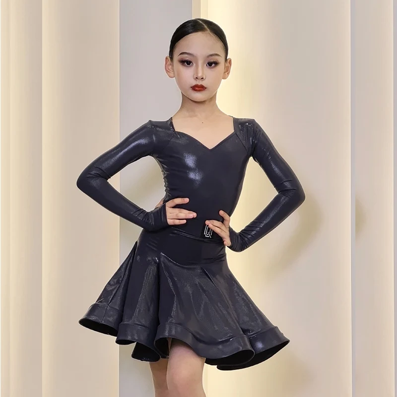 6 Colors Bright Leather Latin Dance Professional Dresses Girls Ballroom Dance Competition Clothes Stage Performance Wear SL9720