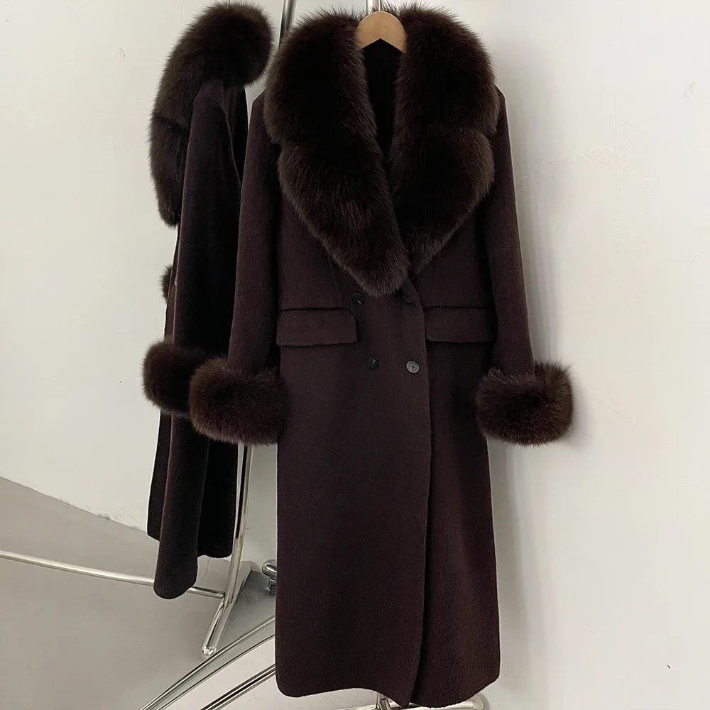 OFTBUY Großer Natürlicher Pelzkragen Doppelreihiger Langer Damen-Wollmantel Winter Warmer Dicker Schlanker Wollmantel mit Echtpelz – Detail 25