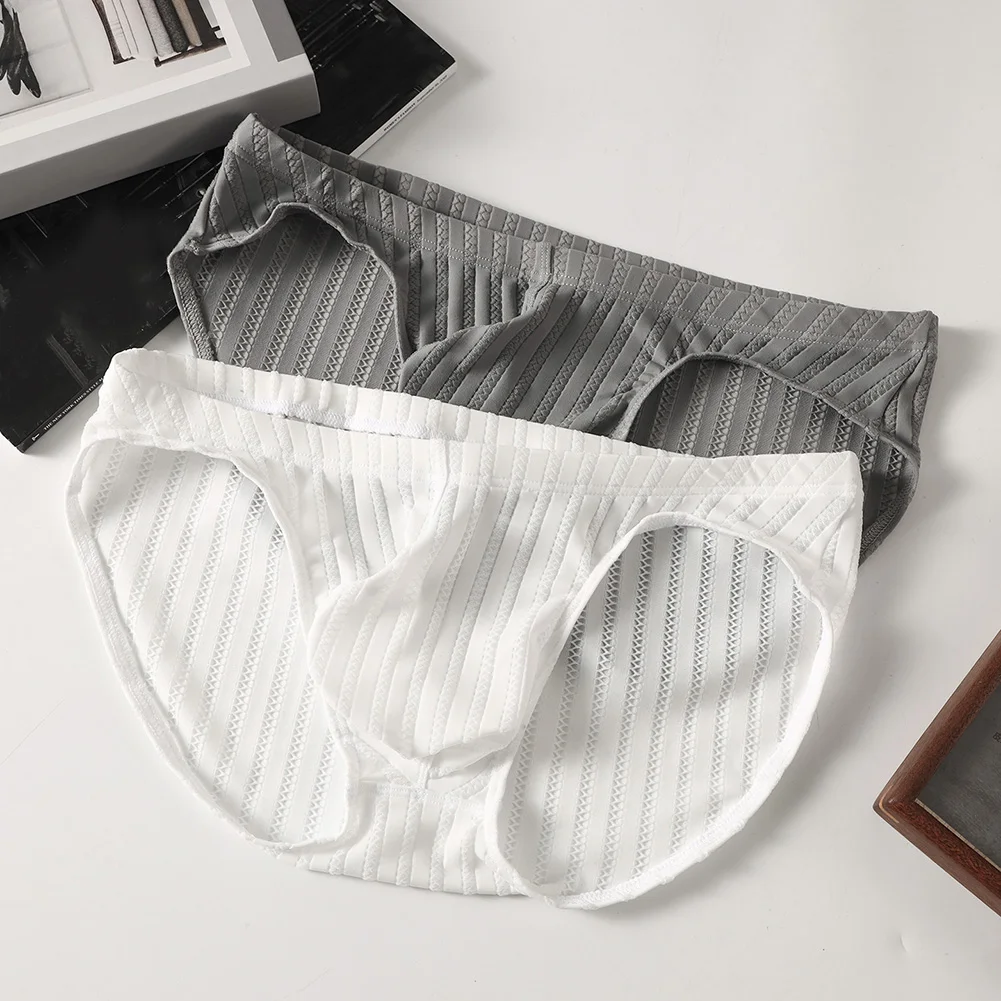 

Men Striped Mesh Ice Silk Briefs Underwear For Man Breathable Lingerie Low Rise T-Back Hip Wrap Panties Japanese Thongs Fashion
