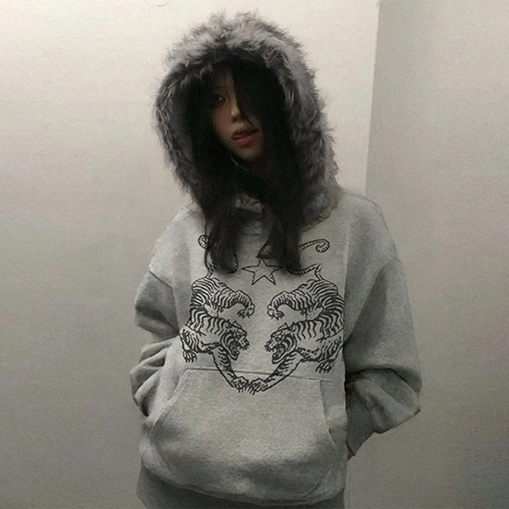 High Street-Sudadera con estampado geométrico para mujer, gorro de felpa, jersey gótico, sudaderas con capucha de gran tamaño para mujer y2k, novedad de invierno, sudadera holgada Harajuku Hip-Hop