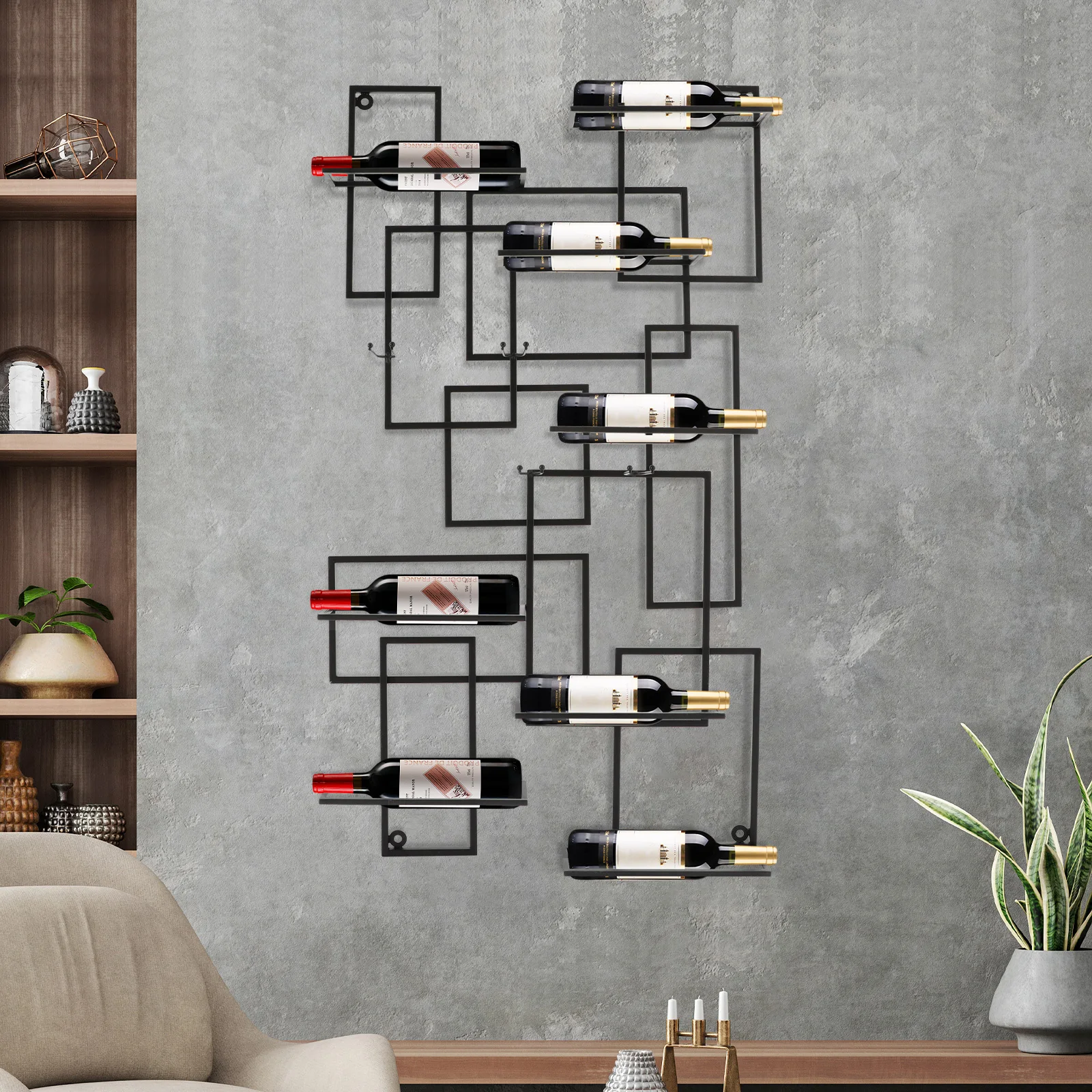 An der Wand montiertes Weinregal, rostfrei, einfache Installation, geometrische Form, Weinaufbewahrungsvitrine für Wohnzimmer/Esszimmer/Bars