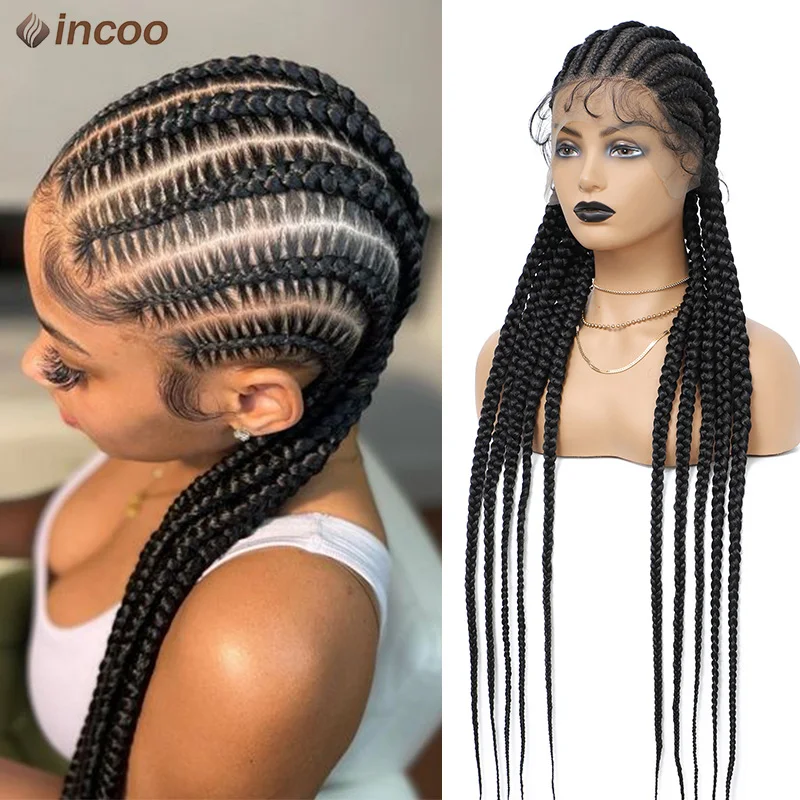 Incoo-pelucas trenzadas sintéticas de 36 pulgadas con pelo de bebé, encaje Frontal completo, trenzas trenzadas de diosa para mujeres Afro negras